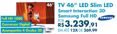 TV 46'' Slim LED Smart Interaction 3D Samsung Full HD com Smart TV