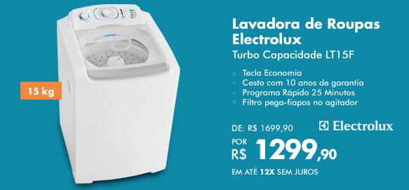 Lavadora de Roupas Electrolux 15 kg Turbo Capacidade

