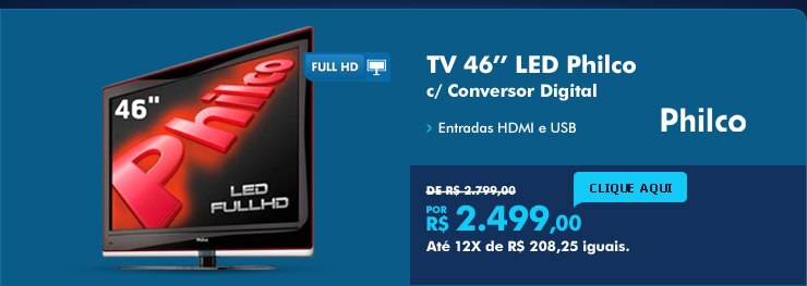 TV 46’ LED Philco com Conversor Digital