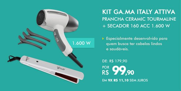 Kit GA.MA Italy Attiva Prancha Ceramic Tourmaline + Secador 160 ACC 1.600 W - Branco