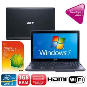 Notebook Acer AS5750-6481 com Intel Core i3-2330M, 3GB, 500GB, HDMI, Wireless, Webcam, LED 15.6´´ e Windows 7 + Microsoft Office Home & Students 2010 - Notebook ( 1000031814 )